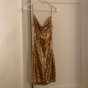 Gold Sequin Cowl Neck Backless Mini Dress